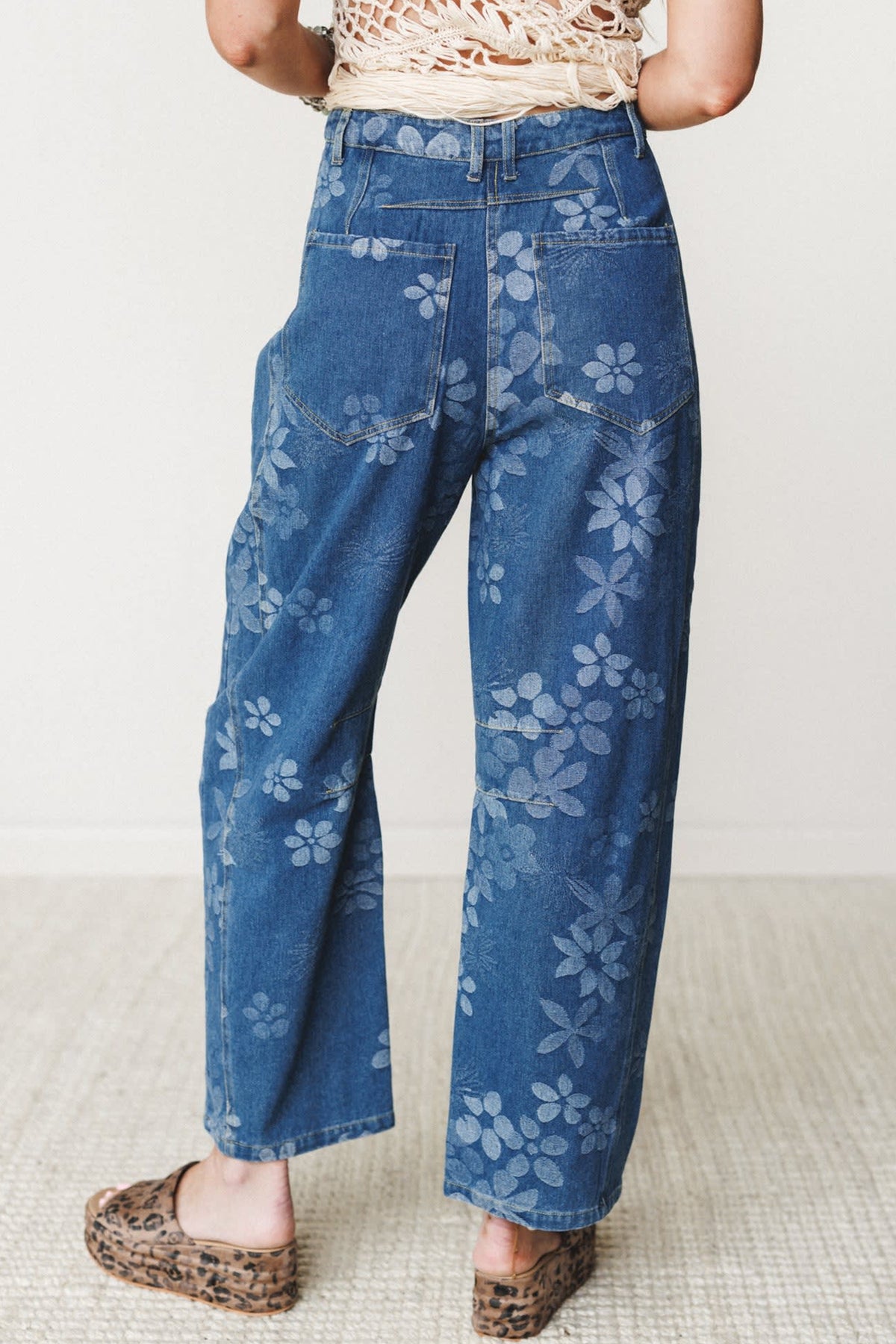 Blue Floral Print Ankle Length Casual Pocket Jeans