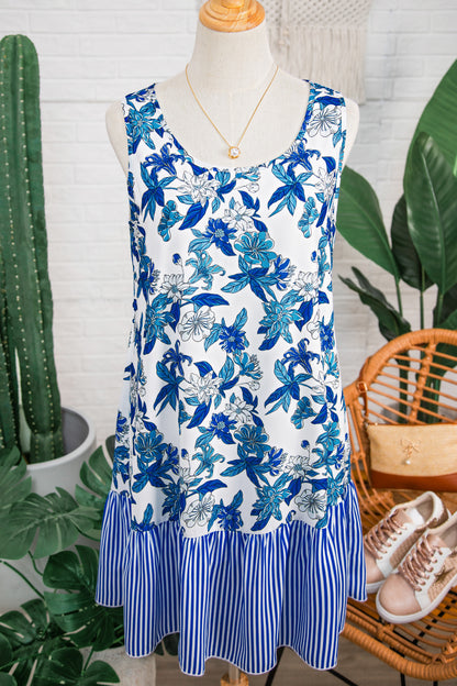 Sky Blue Floral Print U Neck Sleeveless Striped Ruffle Hem Patchwork Dress