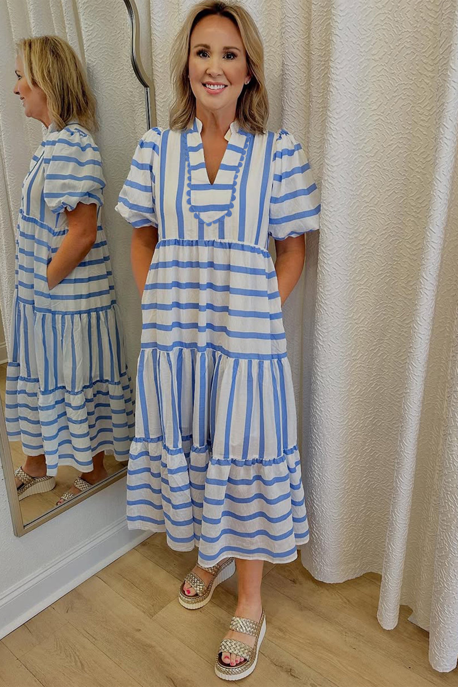 Sky Blue Stripe Ricrac Trim Notched Neck Half Sleeve Vacation Dress