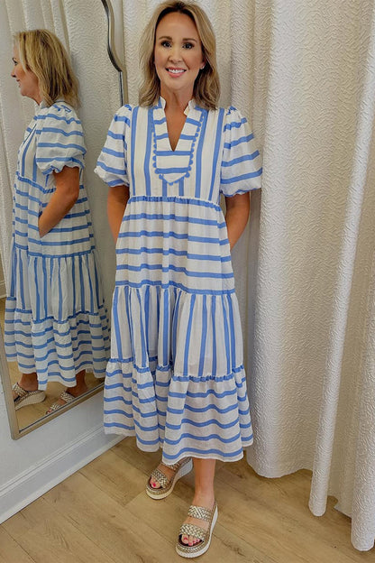 Sky Blue Stripe Ricrac Trim Notched Neck Half Sleeve Vacation Dress