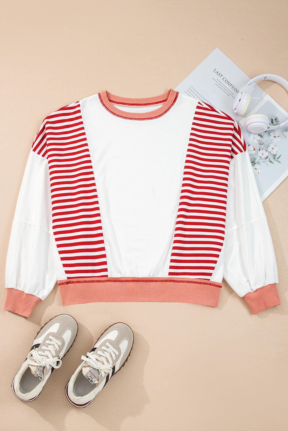 Red Stripe Colorblock Patchwork Contrast Stitching Oversize Sweatshirt