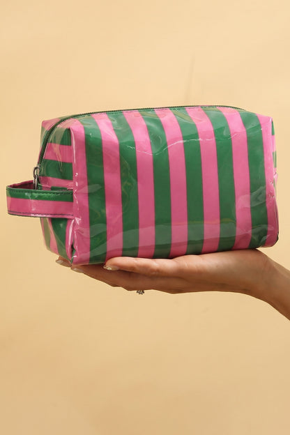 Dark Green PVC Striped Cosmetic Bag Durable Zipper Handle Travel Organizer