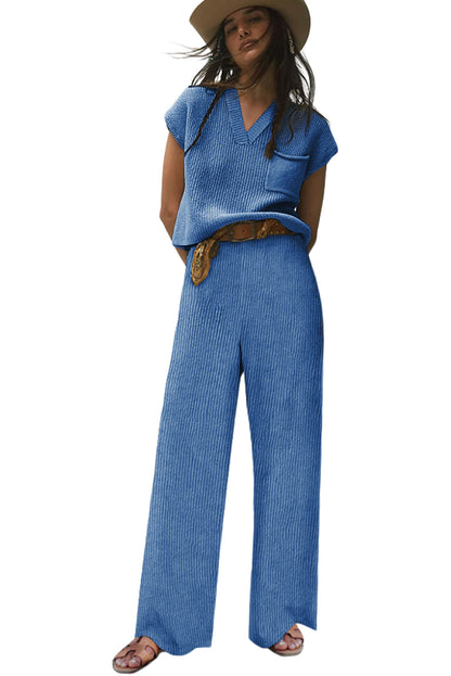 Conjunto de pantalón casual y suéter con cuello en V de punto negro