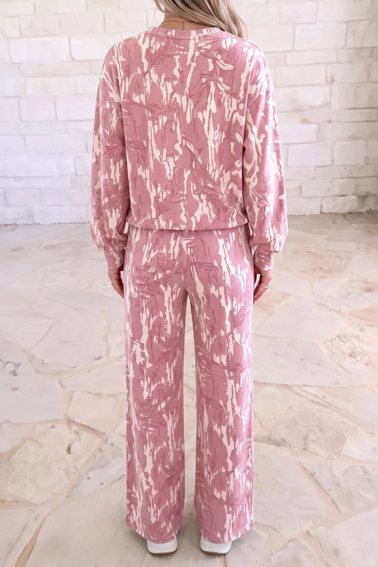 Pink Abstract Floral Print Loose Pullover Drawstring Pants 2pcs Set