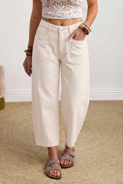 Beige Solid Color Square Patch Pocket Ankle-length Barrel Jeans