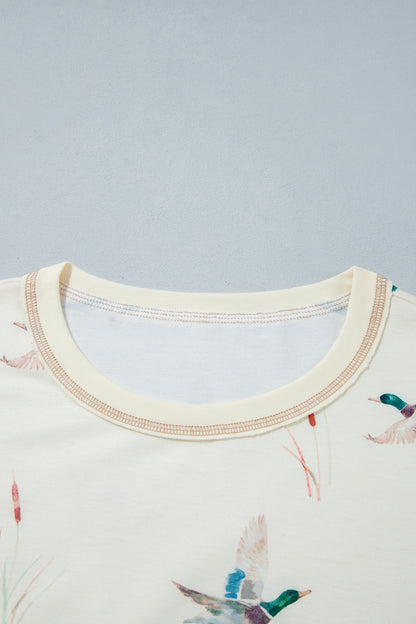 Beige Free Mallard Print Long Sleeve Top Drawstring Short Set