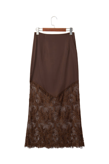Dark Brown Lace Patchwork Hem Long Casual Shift Skirt