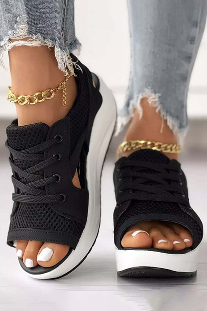 Sandales compensées à lacets et bout ouvert en maille