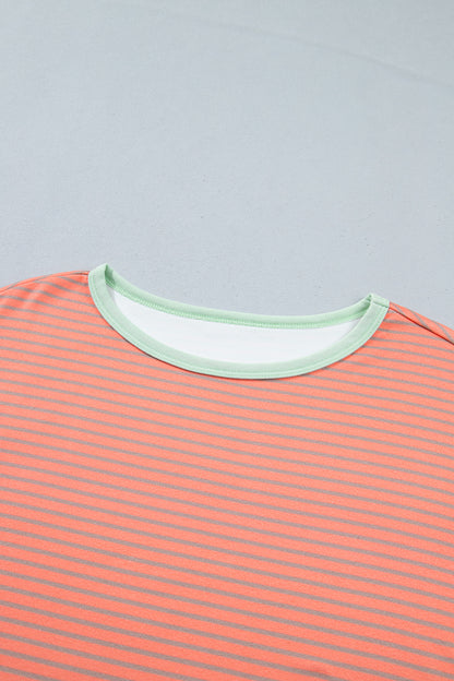Orange Stripe Colorblock Detail Raw Seam Long Sleeve Top