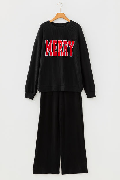 Black MERRY Corded Long Sleeve Top and Pockets Pants Set
