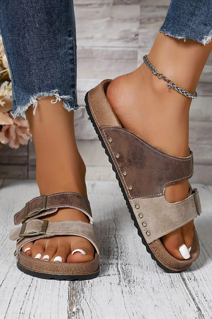 Coffee Two-tone Retro Buckle Straps Hollowed Faux Suede Slippers
