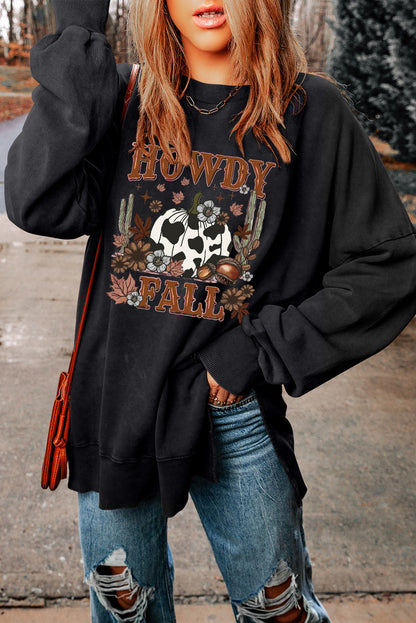Sweat-shirt noir à ourlet fendu et imprimé citrouille HOWDY FALL