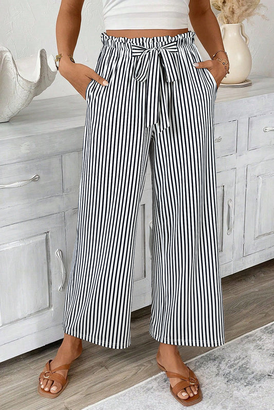 Black Stripe Tied High Waist Loose Straight Casual Pants