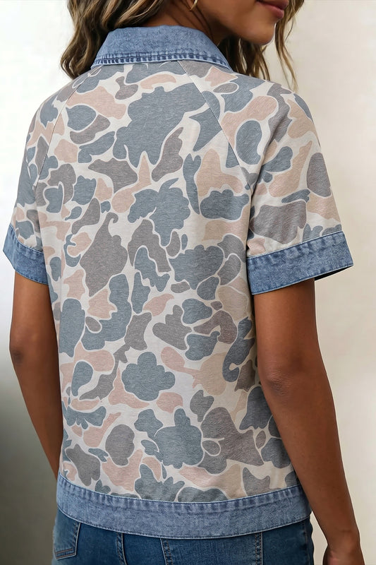 Multicolour Camouflage Print Denim Patchwork Polo Collar Tee