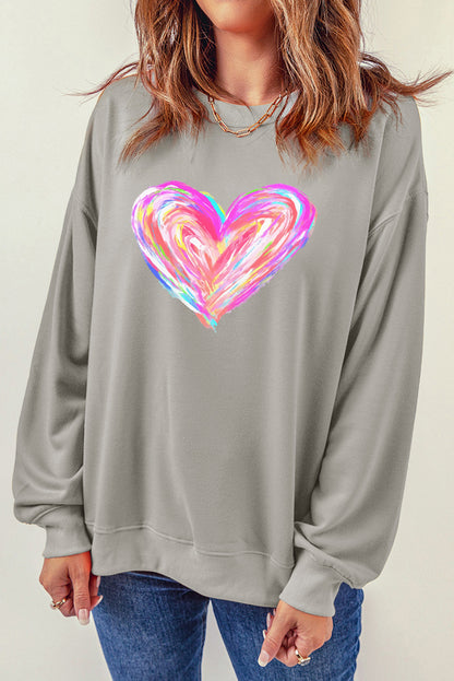 Sweat-shirt gris à épaules tombantes et motif cœurs peints au pinceau pour la Saint-Valentin