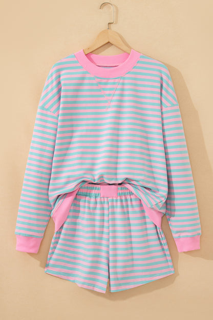 Pink Stripe Color Block Detail Long Sleeve Pullover Elastic Waist Pull On Shorts 2pcs Set