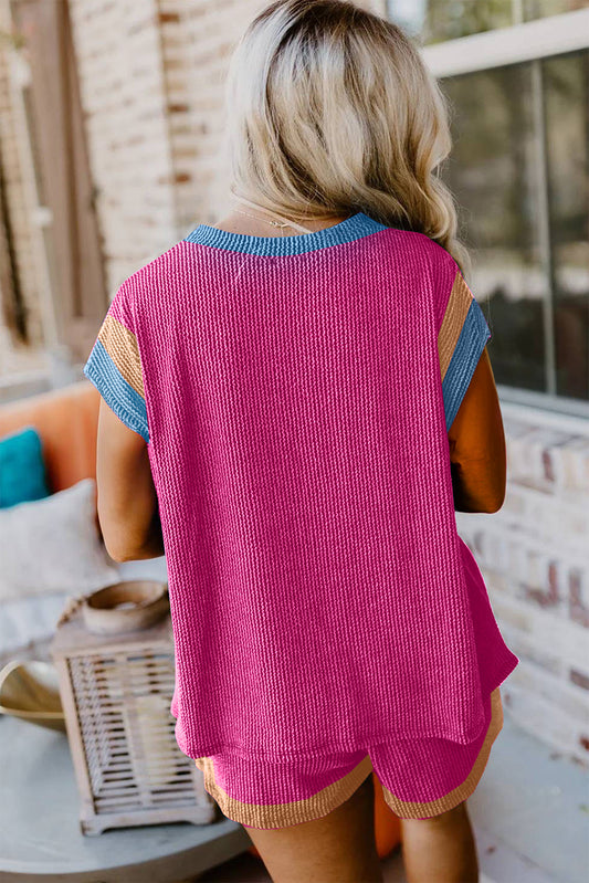 Bright Pink Textured Knit Contrast Trim Plus Shorts Set