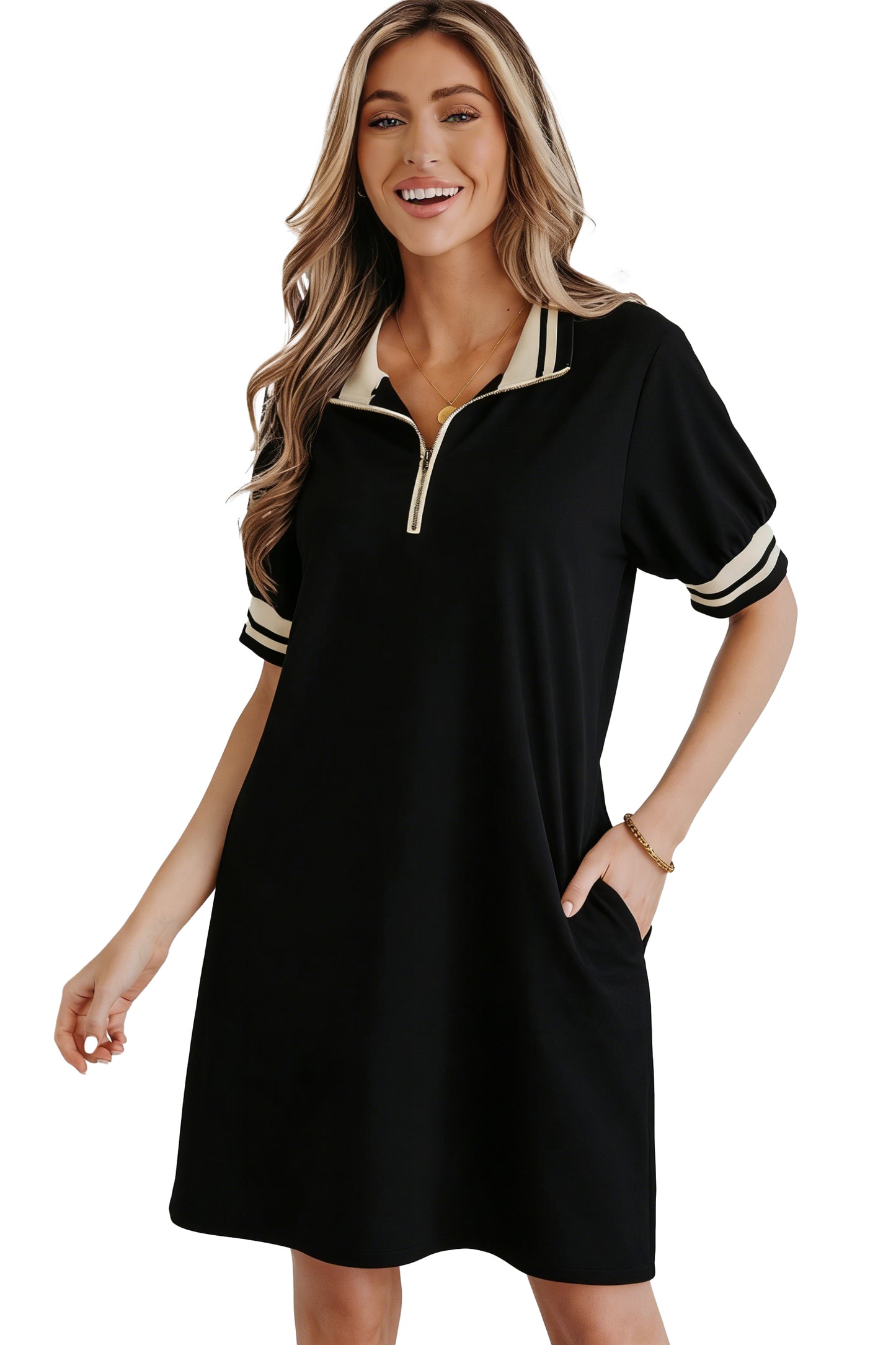 Black Striped Webbing Trim Preppy Polo Tee Dress