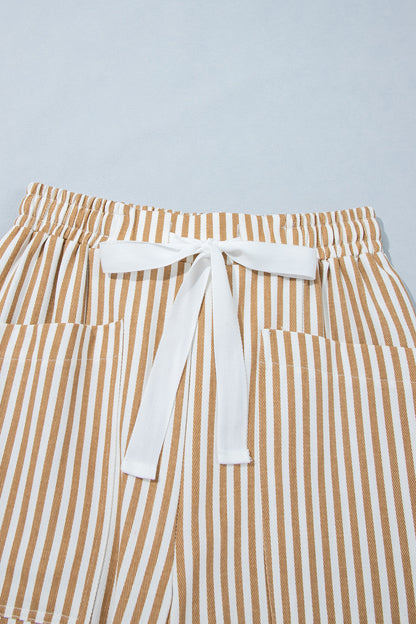 Apricot Stripe Ribbon Drawstring Waist Full-Length Shift Pant
