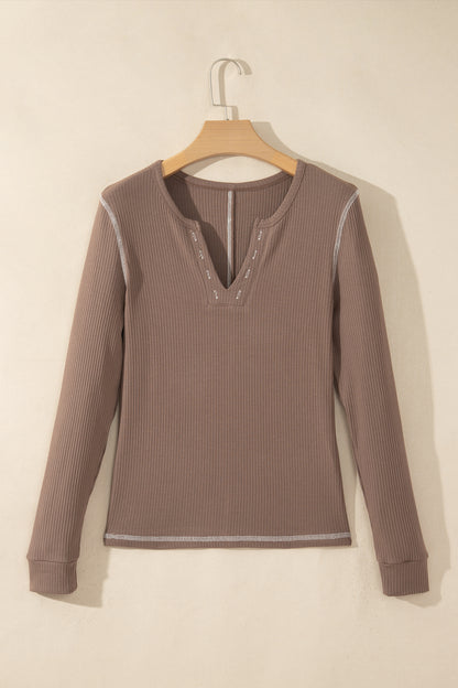 Dark Khaki V Neck Ribbed Stitched Detail Long Sleeve Top