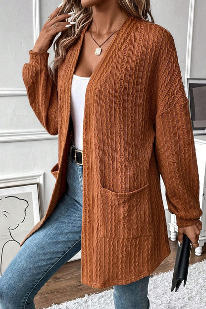 Cardigan ouvert sur le devant en tricot texturé marron avec poches latérales