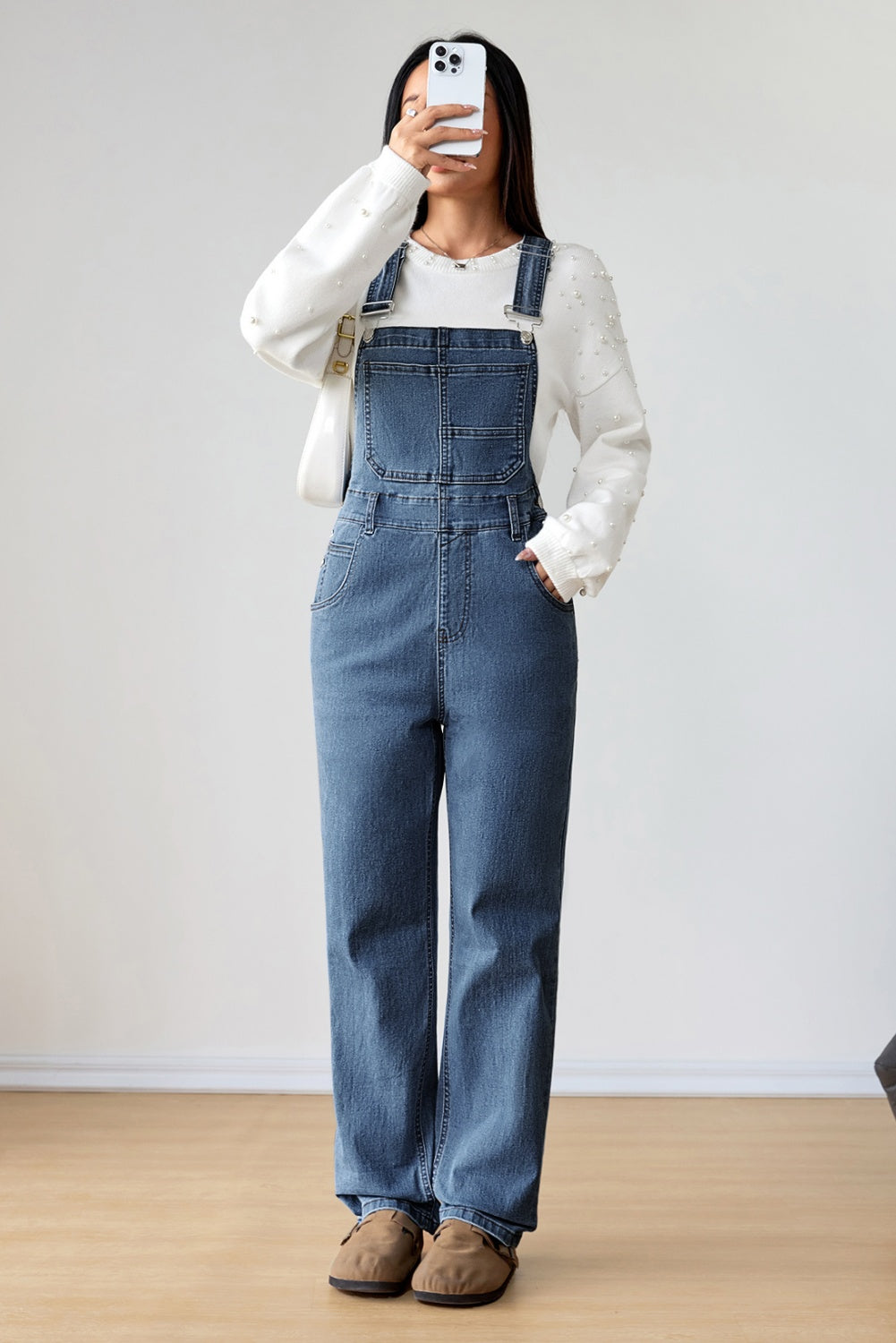 Dark Blue Retro Bib Pocket Buckle Straps Casual Denim Jumpsuit