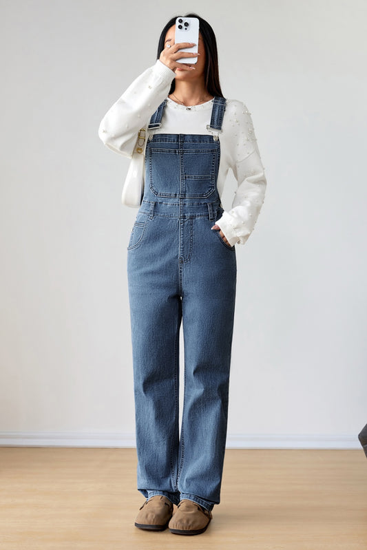 Dark Blue Retro Bib Pocket Buckle Straps Casual Denim Jumpsuit