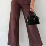 Red Sandalwood Solid Color Seamed Center Wide Leg Cropped Jeans