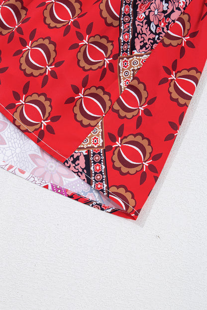 Robe grande taille à manches longues, col en V, lacets, imprimé floral, rose et bleu