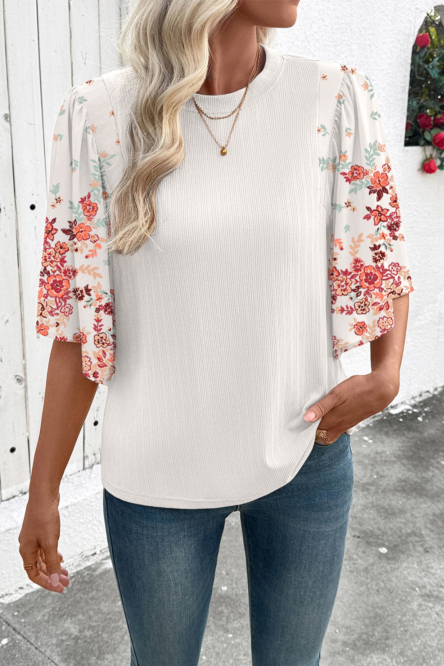 White Ribbed Texture Floral Print Half Sleeve Patchwork Top