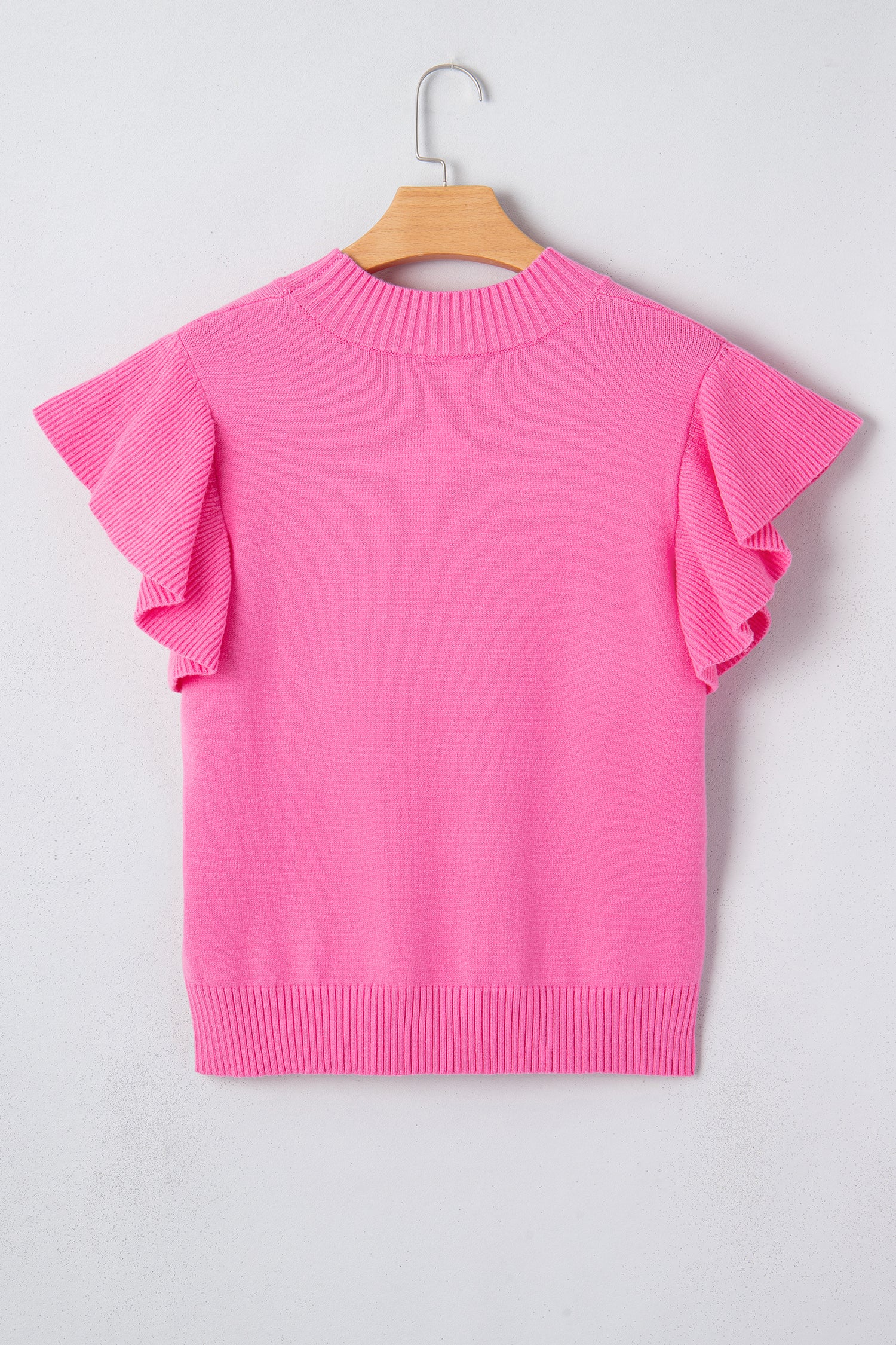 Sachet Pink Solid Color Ribbed Trim Round Neck Ruffle Short Sleeve Sweater