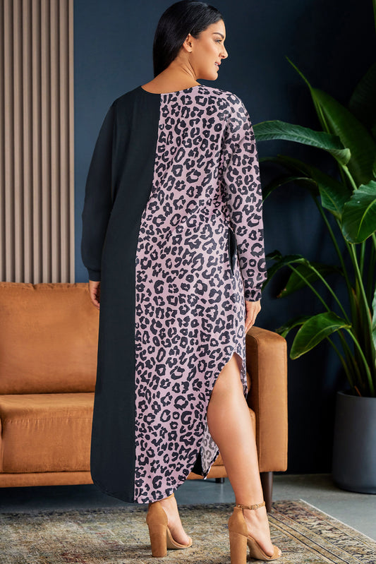 Vestido camiseta de manga larga con bloques de color de leopardo de talla grande multicolor