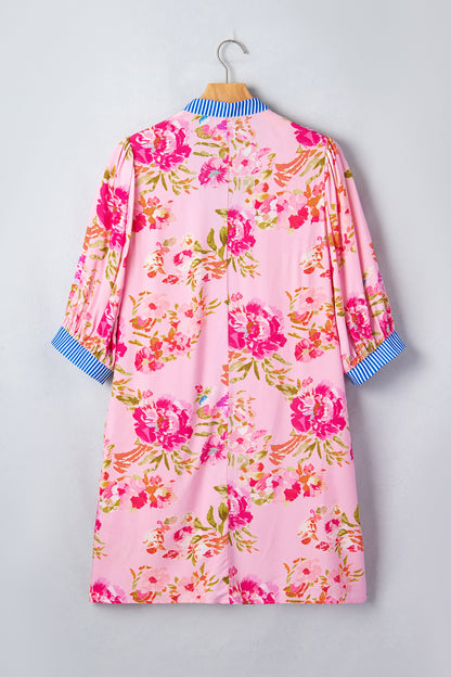 Multicolour Floral Striped Patchwork Trim Half Sleeve Mini Dress