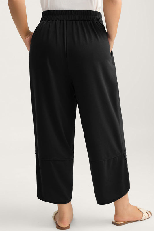 Black Plus Size Elastic Waist Asymmetrical Hem Loose Capris Pants