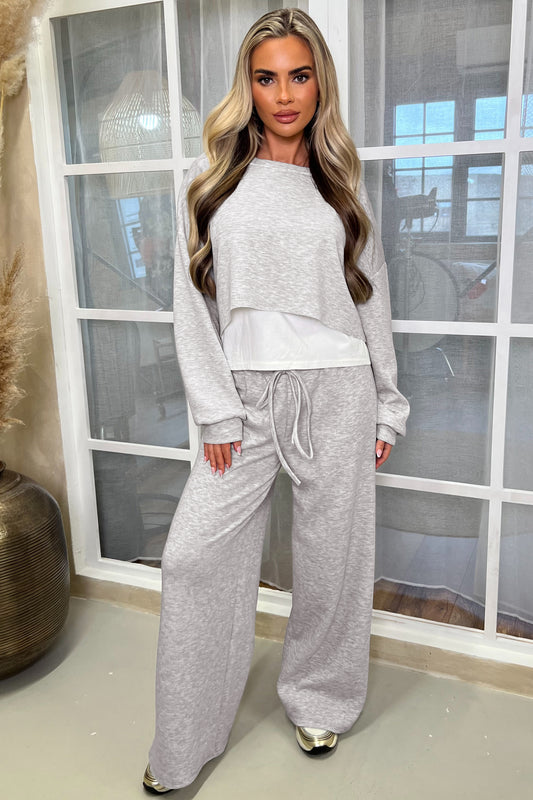 Gray Color Contrast Overlay Long Sleeve Top Drawstring Loose Pant Set