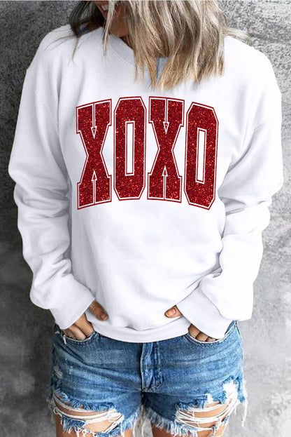 Sweat-shirt ras du cou blanc pailleté XOXO Graphic pour la Saint-Valentin
