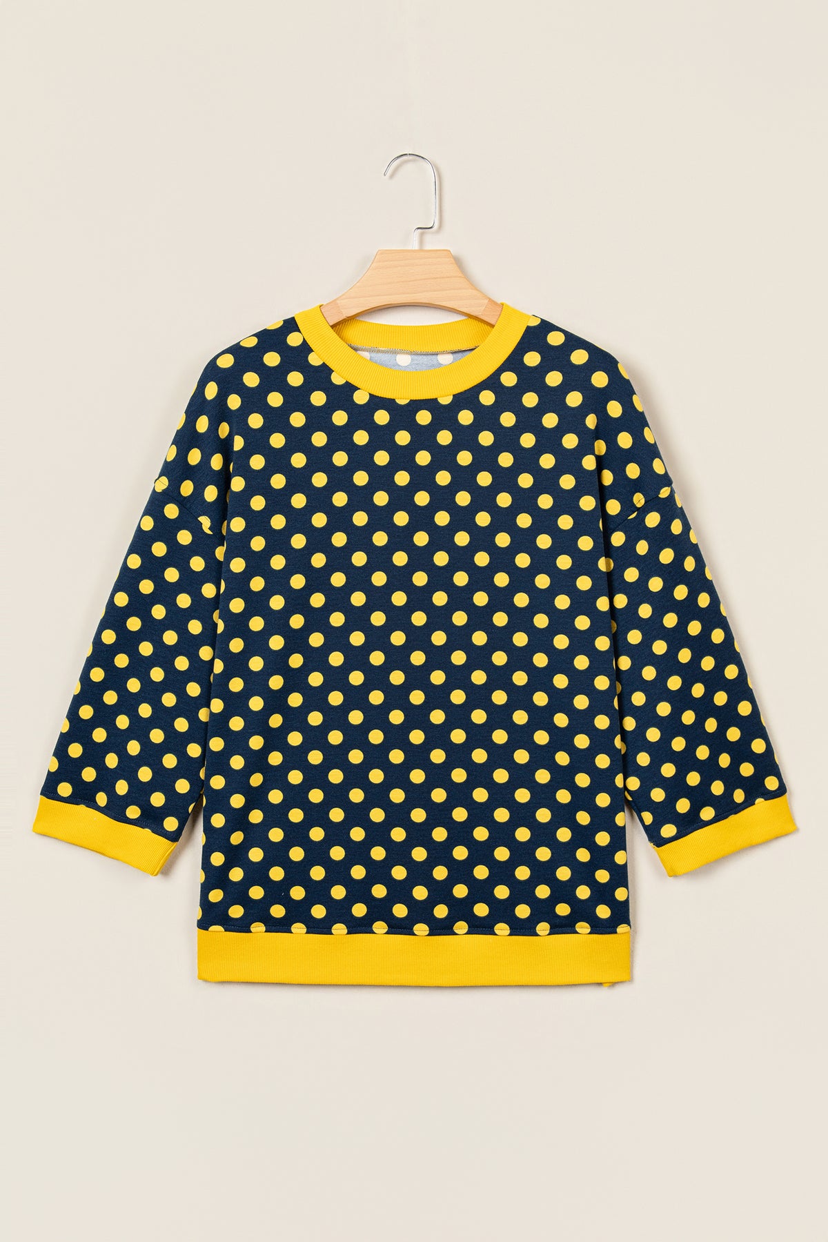 Blue Polka Dot Print Contrast Trim Round Neck Bracelet Sleeve Top