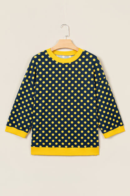 Blue Polka Dot Print Contrast Trim Round Neck Bracelet Sleeve Top