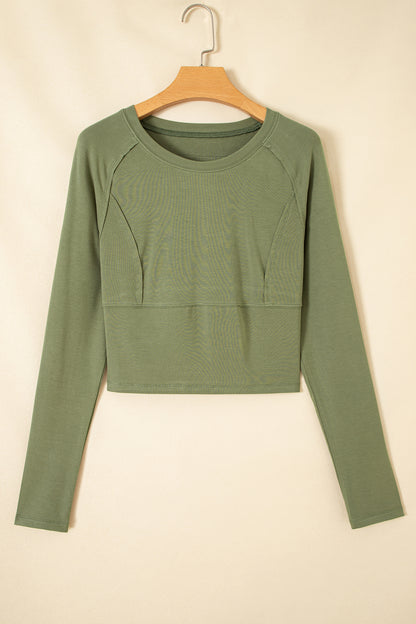 Guacamole Green Round Neck Paneling Long Sleeve Top