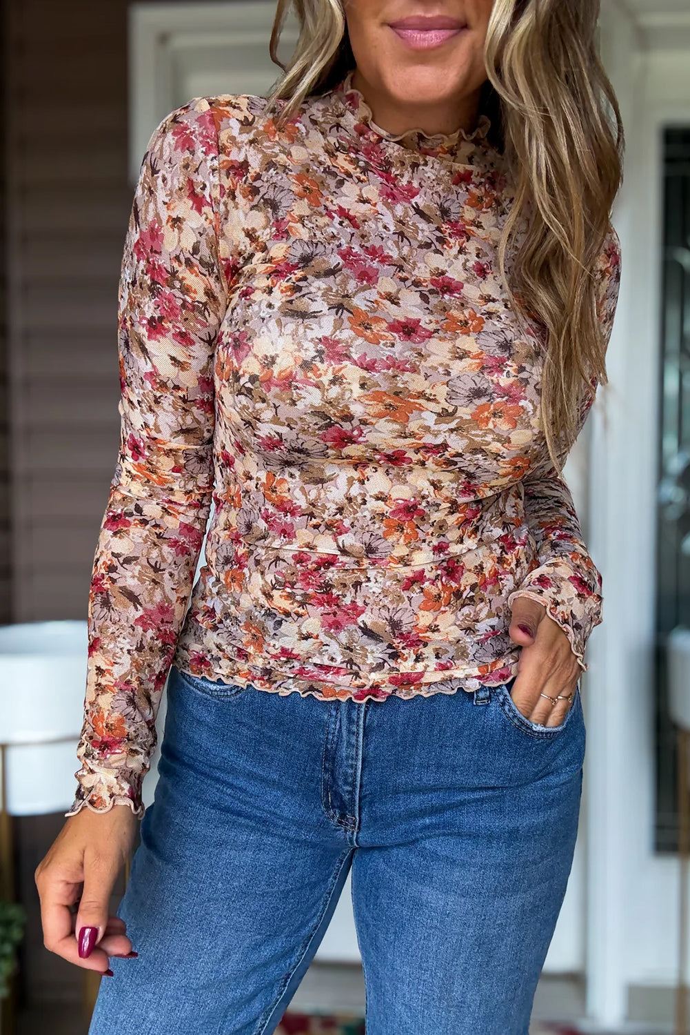 Red Lettuce Trim Floral Print Mesh Long Sleeve Top