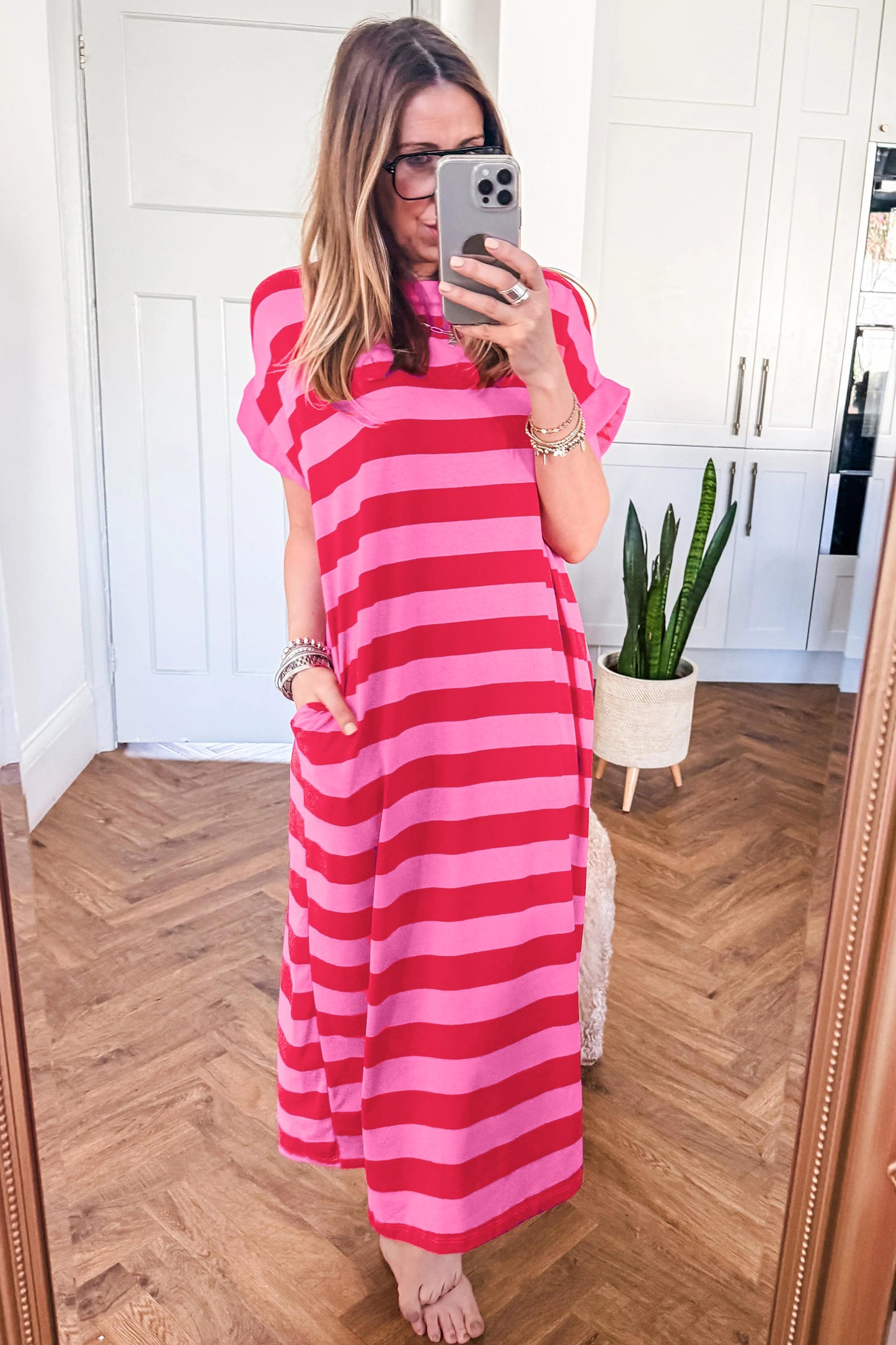 Rose Stripe Cuffed Short Sleeve Pocketed Casual T Shirt Long Dress