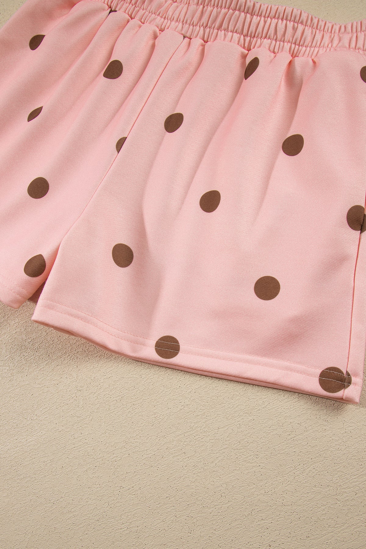 Pink Polka Dot Ribbed Trim Long Sleeve Top Casual Short Set