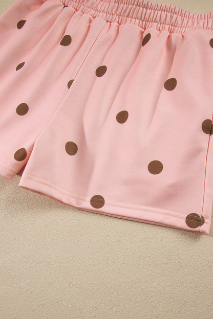 Pink Polka Dot Ribbed Trim Long Sleeve Top Casual Short Set