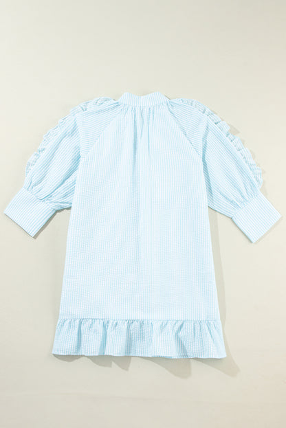 Myosotis Seersucker Ruffled Puff Sleeve Stand Neck Mini Dress