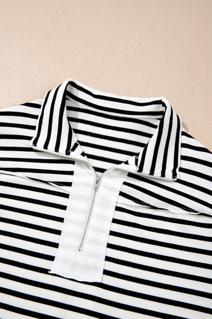 White Stripe Color Block Long Puff Sleeve Metal Zip-Up Collar Top