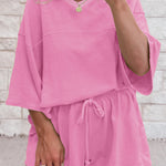 Bonbon Solid Loose V Neck Half Sleeve Tee and Shorts