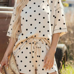 White Exposed Seam Detail Polka Dot Loose Tee Drawstring Shorts Set
