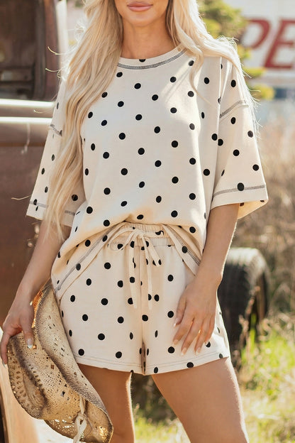 Yellow Polka Dot Short Sleeve Loose Top Drawstring Shorts Set