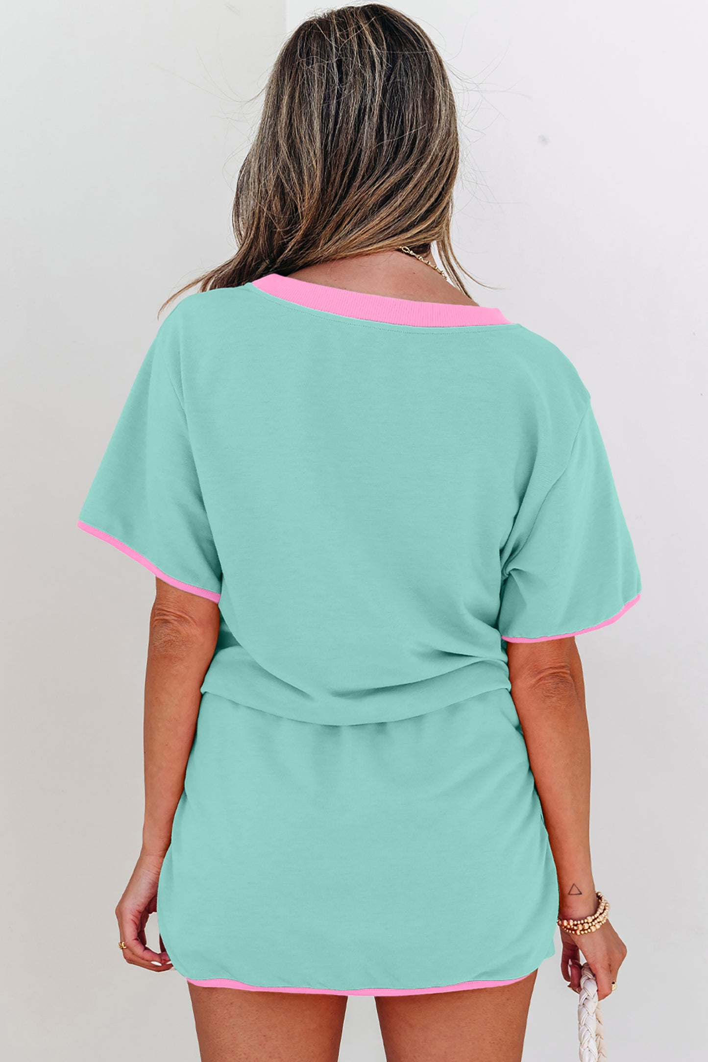 Turquoise Colorblock Edge Drop Shoulder T Shirt and Skort 2Pcs Set