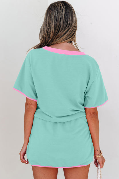 Turquoise Colorblock Edge Drop Shoulder T Shirt and Skort 2Pcs Set